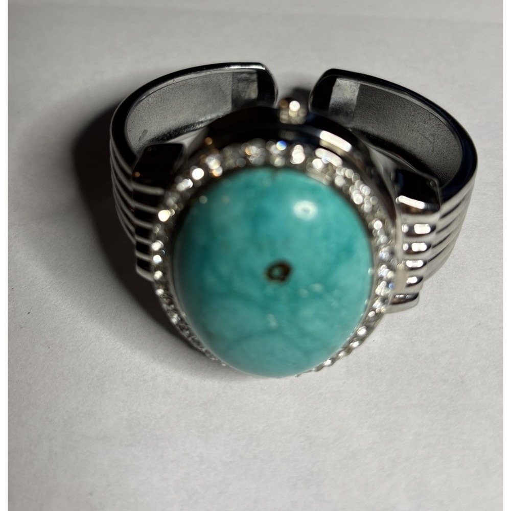 Geneva Turquoise Look Cabochon Rhinestone Silver Tone Cuff Bracelet Watch
